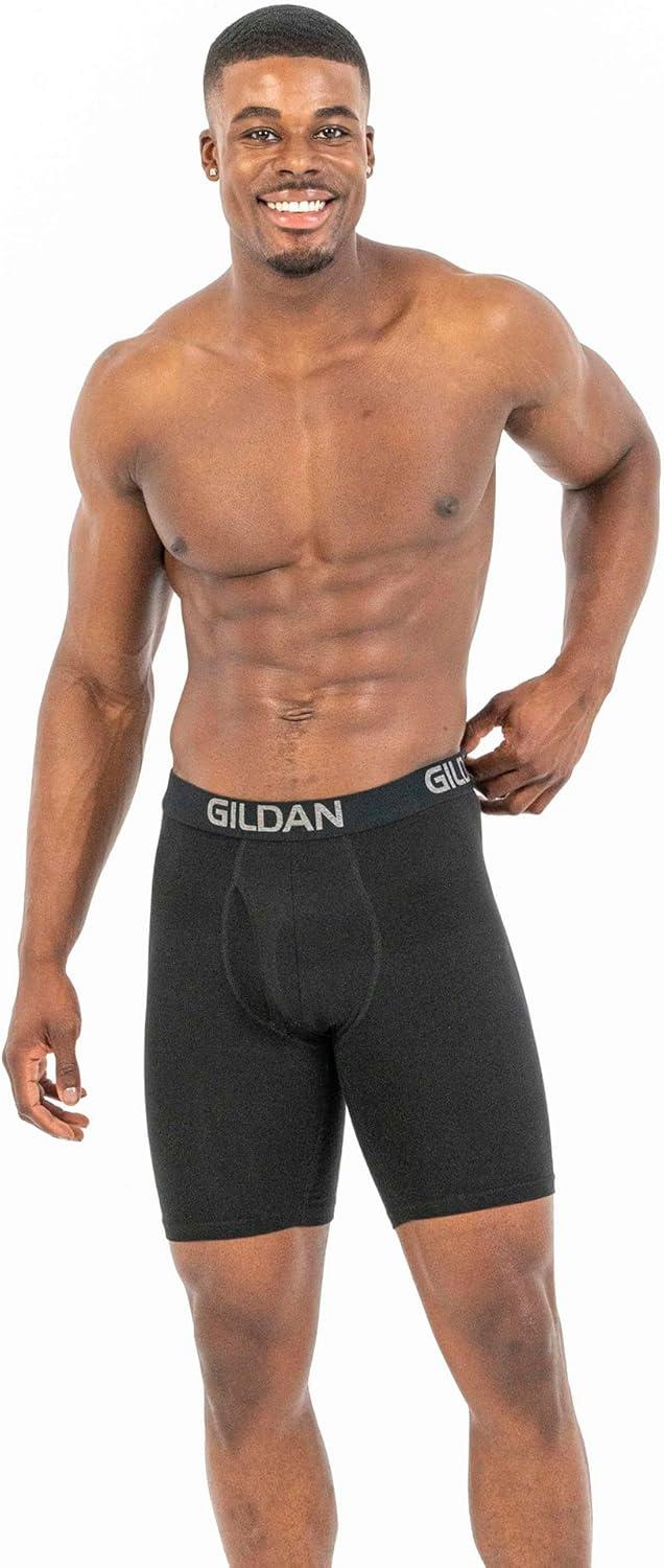 imageGildan Mens Underwear Cotton Stretch Boxer Briefs MultipackBlue CoveHawaiian BlueHeather Red Mark 4pack Long Leg