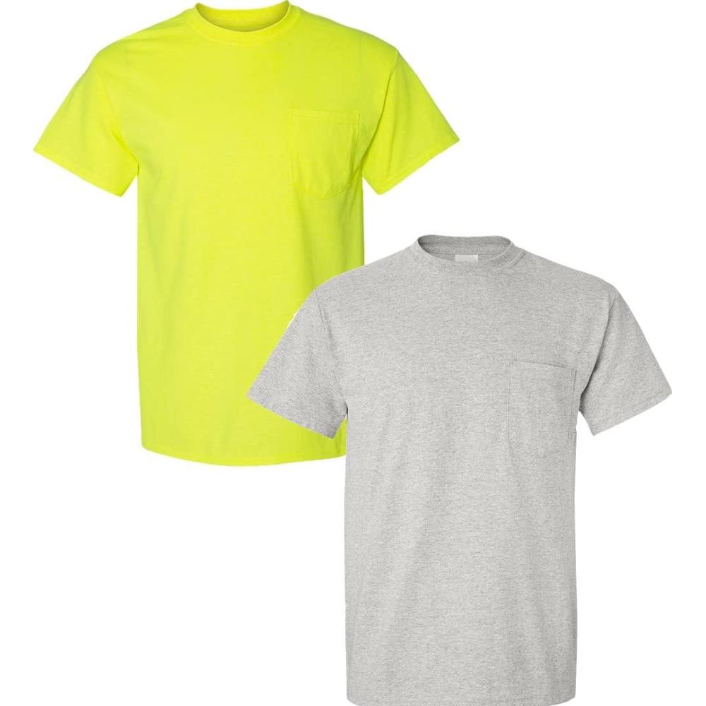 imageGildan Adult Ultra Cotton TShirt with Pocket Style G2300 2Pack1 Safety Green  1 Ash