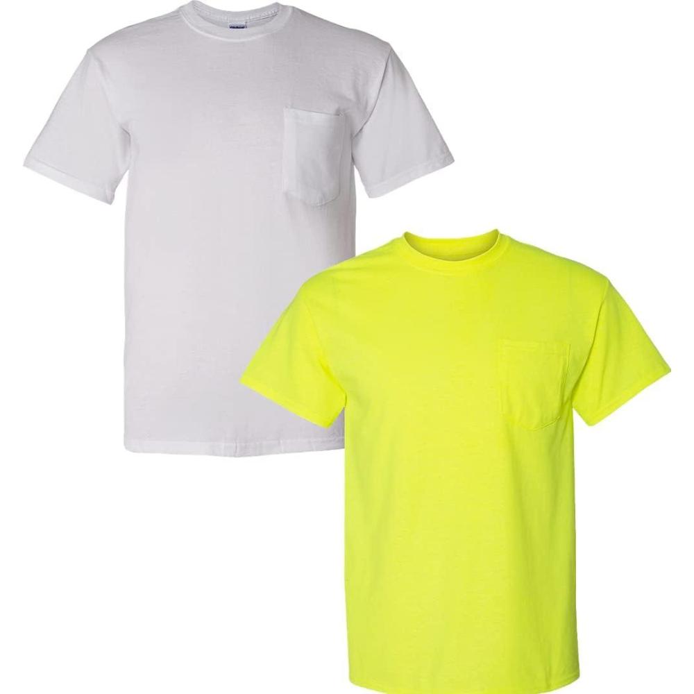 imageGildan Adult Ultra Cotton TShirt with Pocket Style G2300 2Pack1 White 1 Safety Green