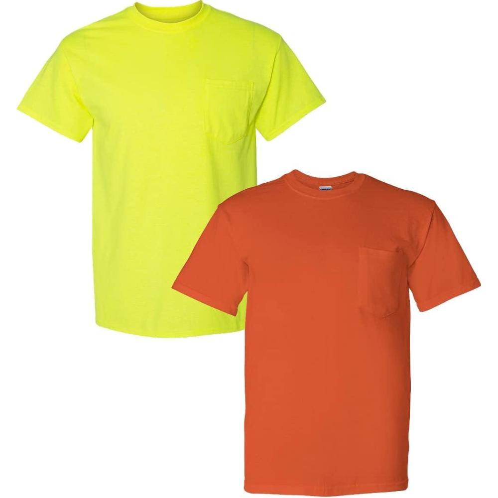 imageGildan Mens DryBlend Workwear TShirts with Pocket 2Pack1 Safety Green  1 Orange