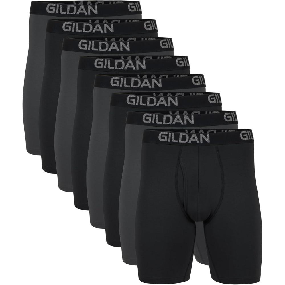 imageGildan Mens Underwear Cotton Stretch Boxer Briefs MultipackBlack SootCharcoal Sky 8pack Long Leg