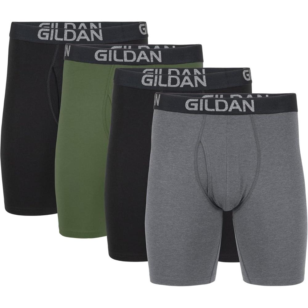 imageGildan Mens Underwear Cotton Stretch Boxer Briefs MultipackBlack SootHeather Dark GreyGreen Midnight 4pack Long Leg
