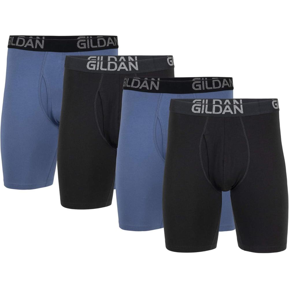 imageGildan Mens Underwear Cotton Stretch Boxer Briefs MultipackBlack SootSlate Blue 4pack Long Leg
