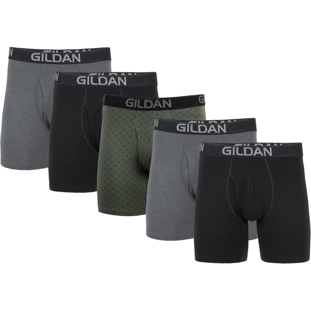 imageGildan Mens Underwear Cotton Stretch Boxer Briefs MultipackBlkHeather Dark GreyGreen Midnight 5pack  Regular Leg
