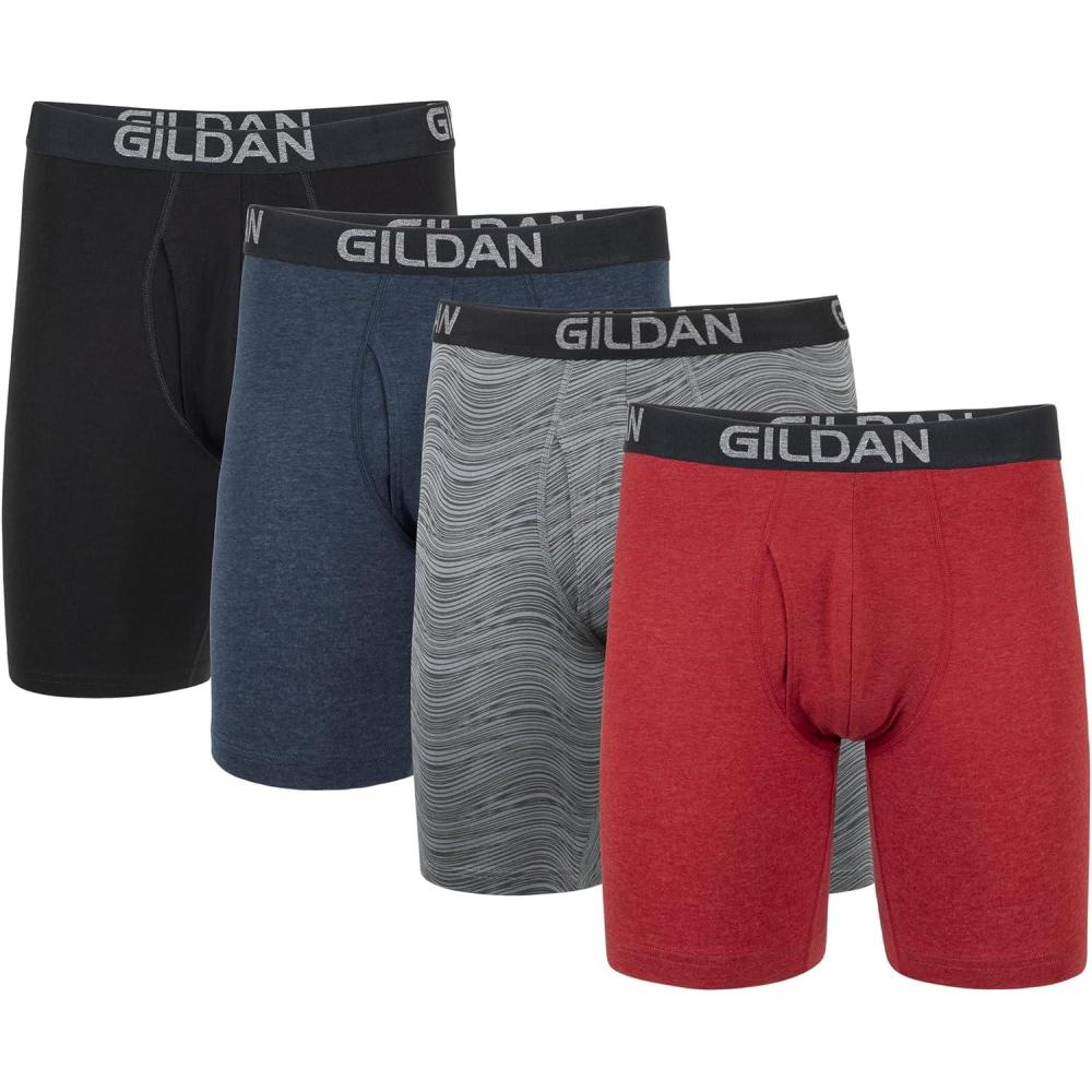 imageGildan Mens Underwear Cotton Stretch Boxer Briefs MultipackBlkHeather NavyStripeHeather Red 4pack  Long Leg