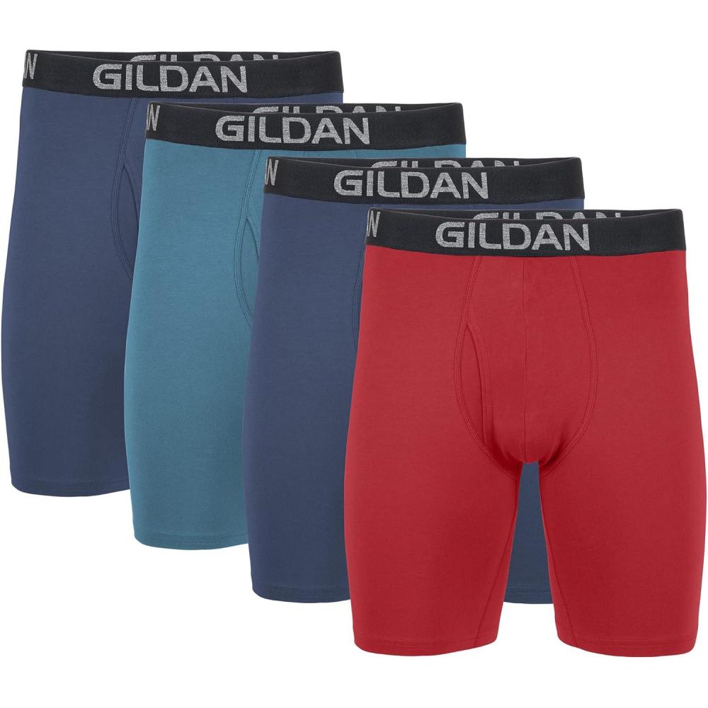 imageGildan Mens Underwear Cotton Stretch Boxer Briefs MultipackBlue CoveHawaiian BlueHeather Red Mark 4pack  Long Leg
