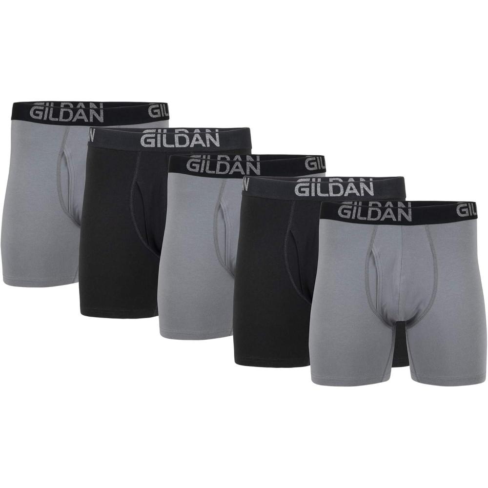 imageGildan Mens Underwear Cotton Stretch Boxer Briefs MultipackGrey FlannelBlack Soot 5pack Regular Leg