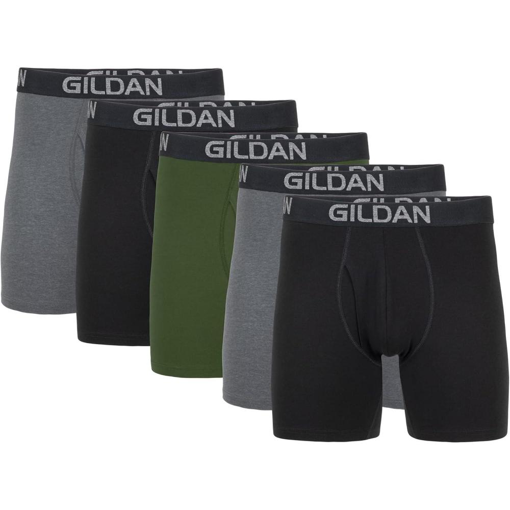 imageGildan Mens Underwear Cotton Stretch Boxer Briefs MultipackHeather Dark GreyBlack SootGreen Midnight 5pack Regular Leg