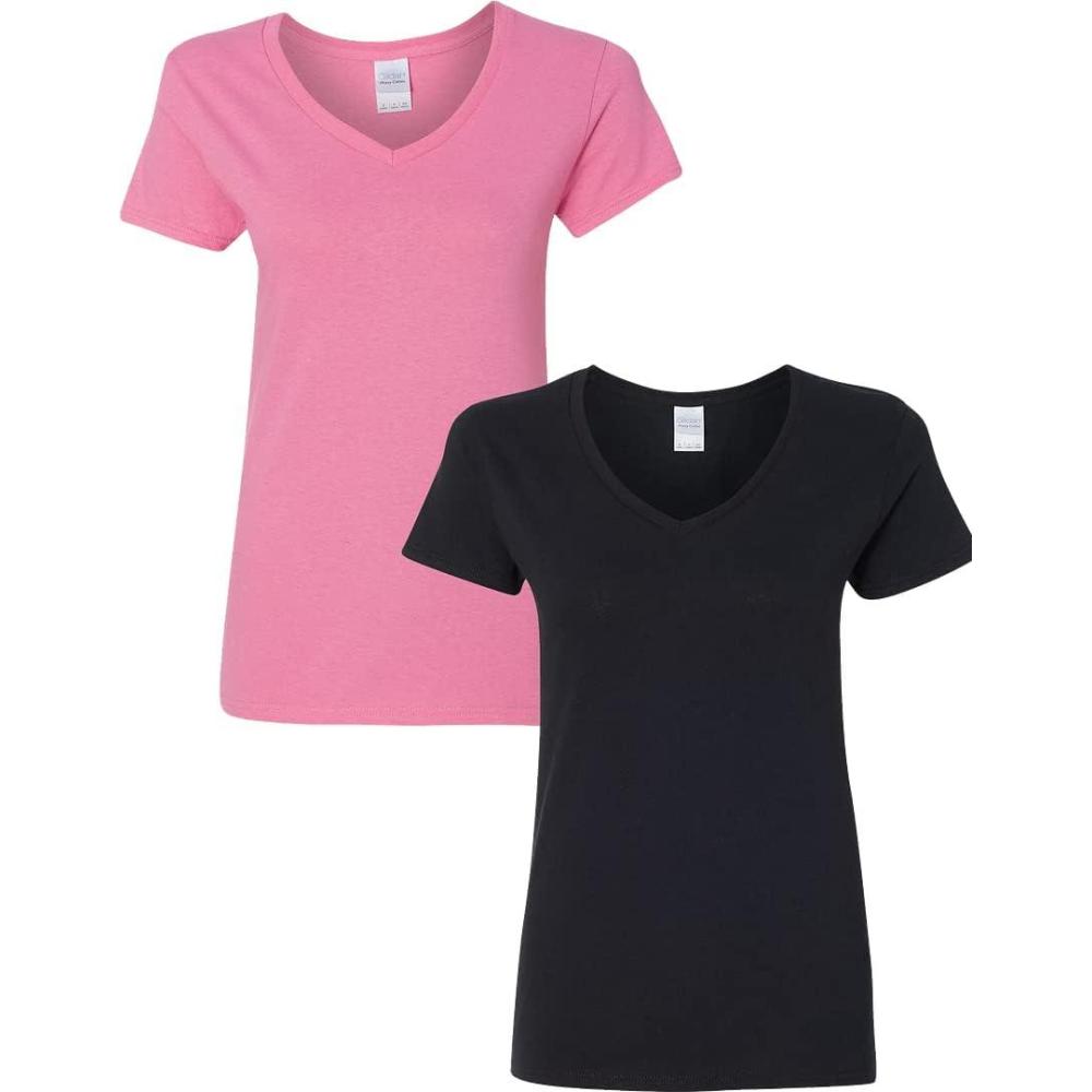 imageGildan Womens Heavy Cotton VNeck TShirt 2Pack1 Azalea  1 Black