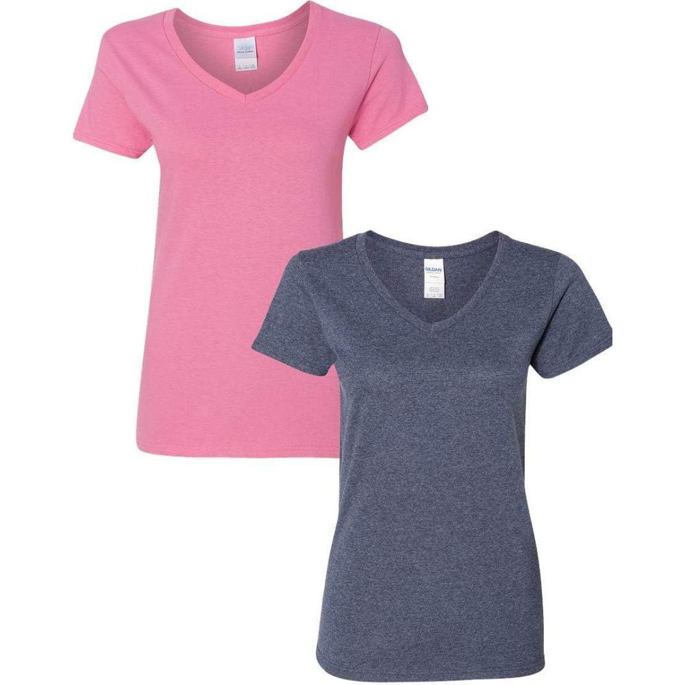 imageGildan Womens Heavy Cotton VNeck TShirt 2Pack1 Azalea  1 Heather Navy