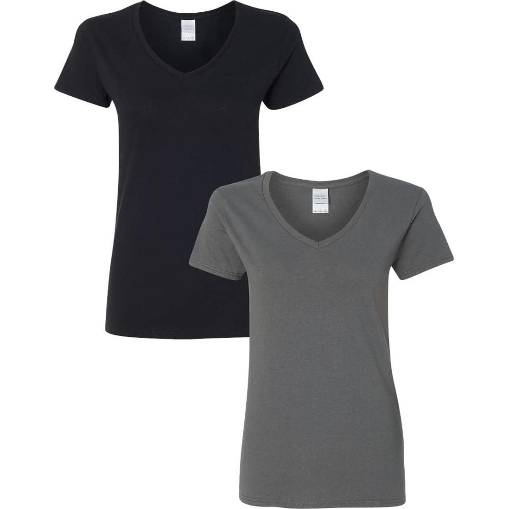 imageGildan Womens Heavy Cotton VNeck TShirt 2Pack1 Black  1 Charcoal