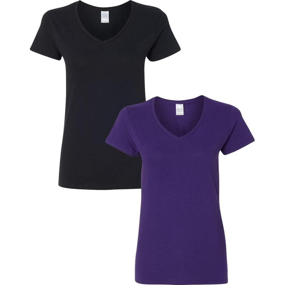 imageGildan Womens Heavy Cotton VNeck TShirt 2Pack1 Black  1 Purple