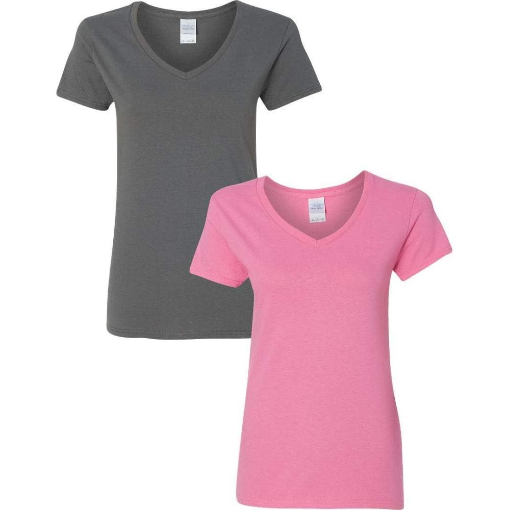 imageGildan Womens Heavy Cotton VNeck TShirt 2Pack1 Charcoal  1 Azalea