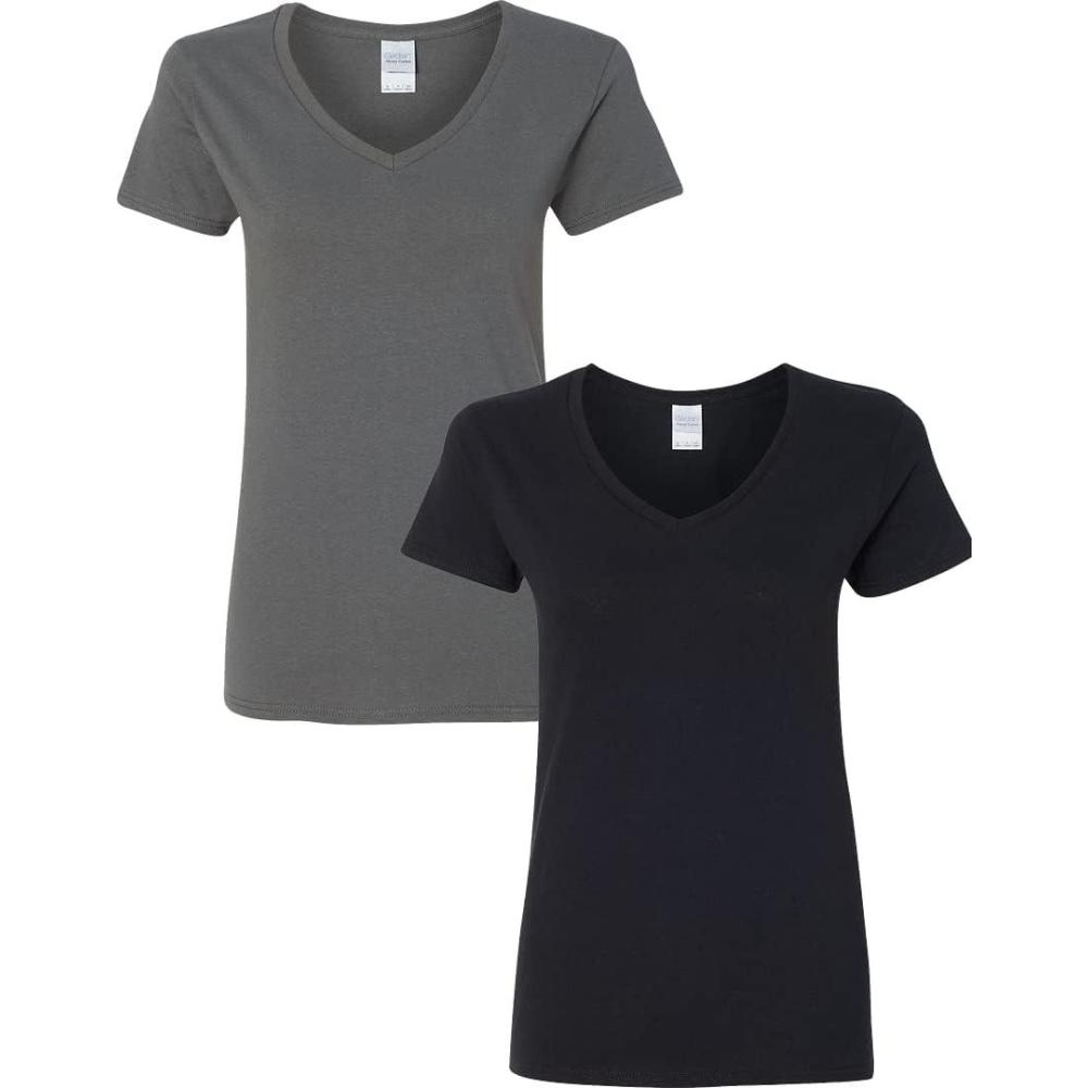 imageGildan Womens Heavy Cotton VNeck TShirt 2Pack1 Charcoal  1 Black