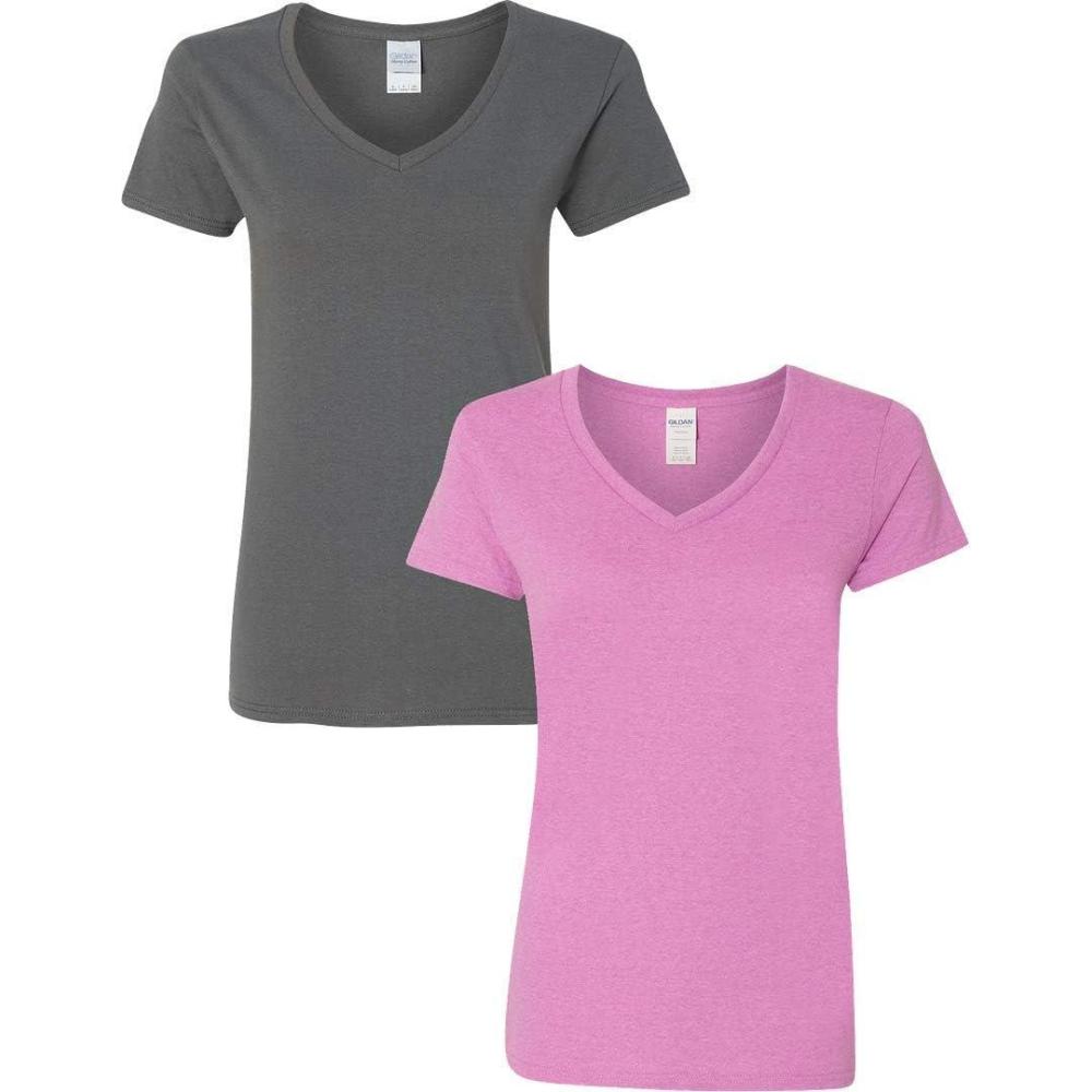 imageGildan Womens Heavy Cotton VNeck TShirt 2Pack1 Charcoal 1 Heather Radiant Orchid