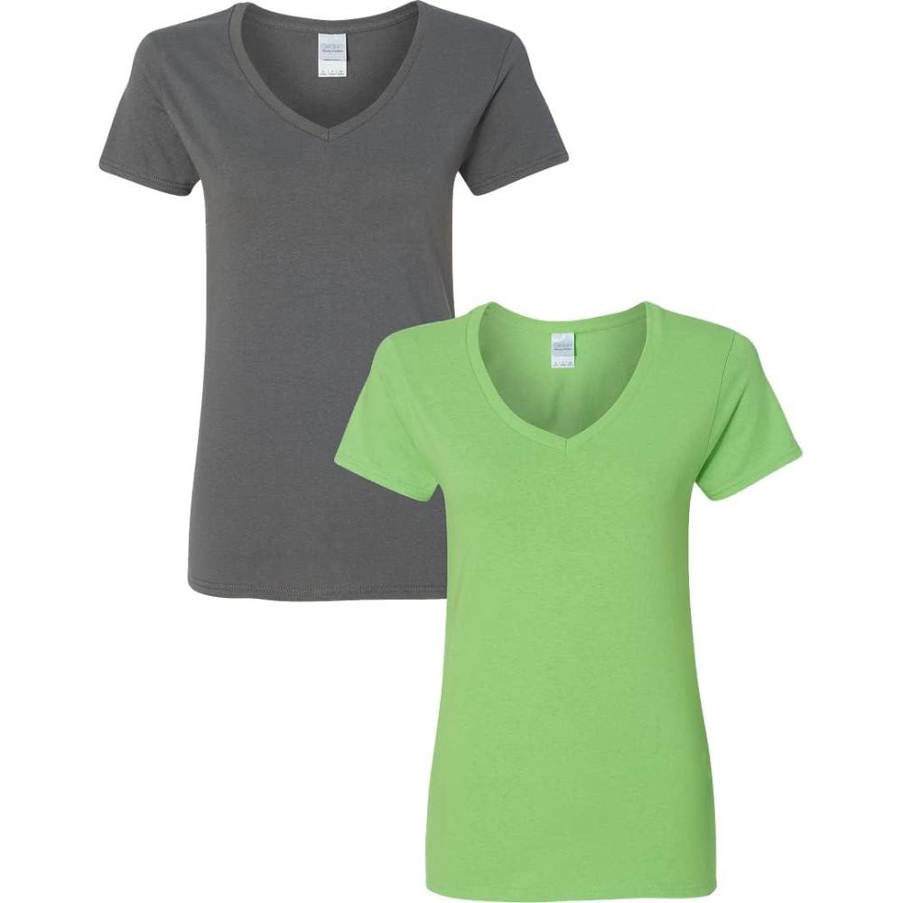 imageGildan Womens Heavy Cotton VNeck TShirt 2Pack1 Charcoal 1 Lime