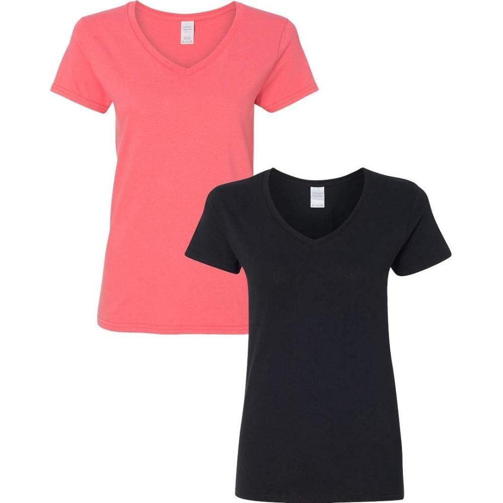 imageGildan Womens Heavy Cotton VNeck TShirt 2Pack1 Coral Silk  1 Black