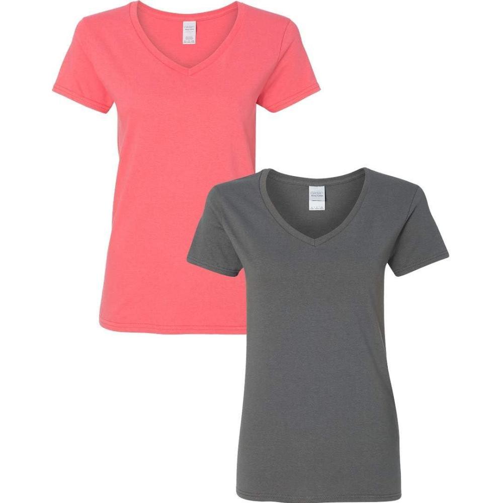imageGildan Womens Heavy Cotton VNeck TShirt 2Pack1 Coral Silk  1 Charcoal