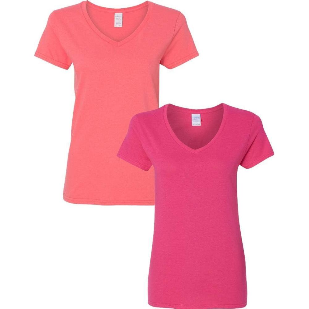 imageGildan Womens Heavy Cotton VNeck TShirt 2Pack1 Coral Silk  1 Heliconia