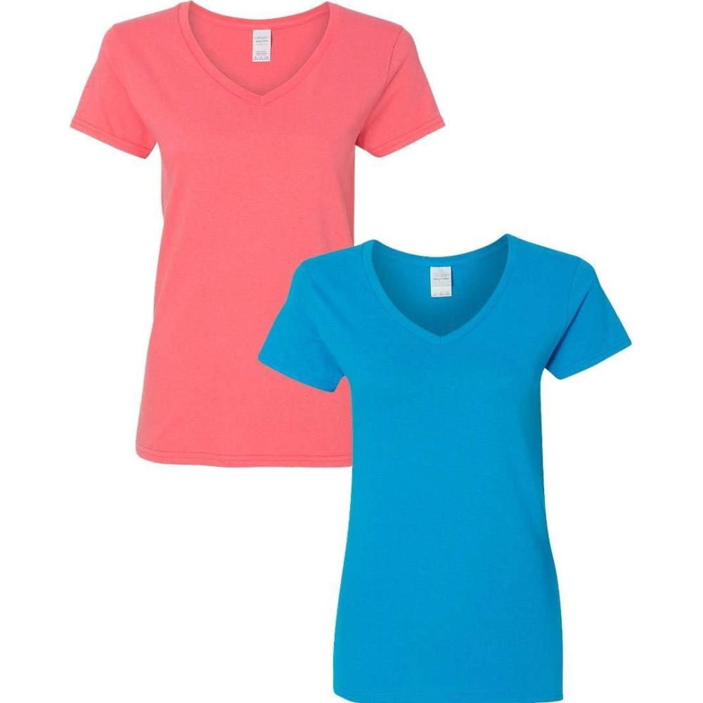 imageGildan Womens Heavy Cotton VNeck TShirt 2Pack1 Coral Silk  1 Sapphire