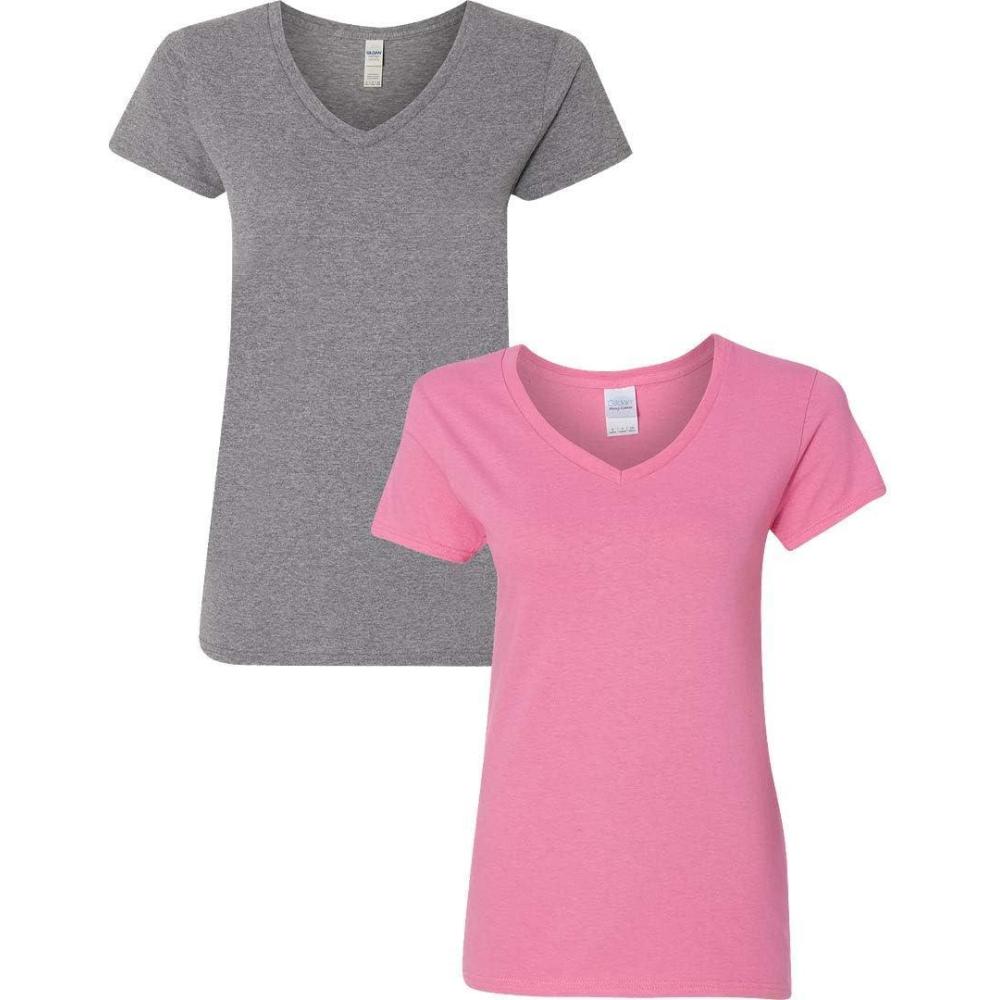imageGildan Womens Heavy Cotton VNeck TShirt 2Pack1 Graphite Heather  1 Azalea