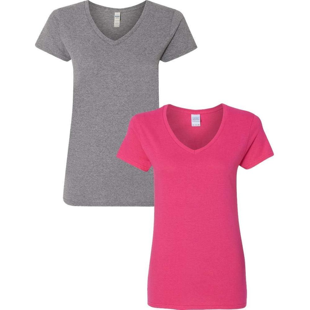 imageGildan Womens Heavy Cotton VNeck TShirt 2Pack1 Graphite Heather  1 Heliconia