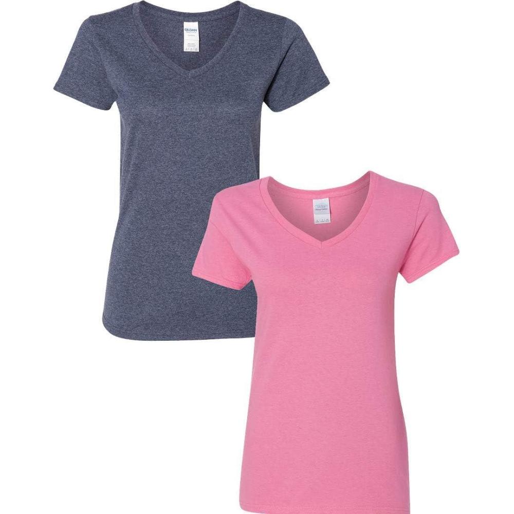 imageGildan Womens Heavy Cotton VNeck TShirt 2Pack1 Heather Navy  1 Azalea