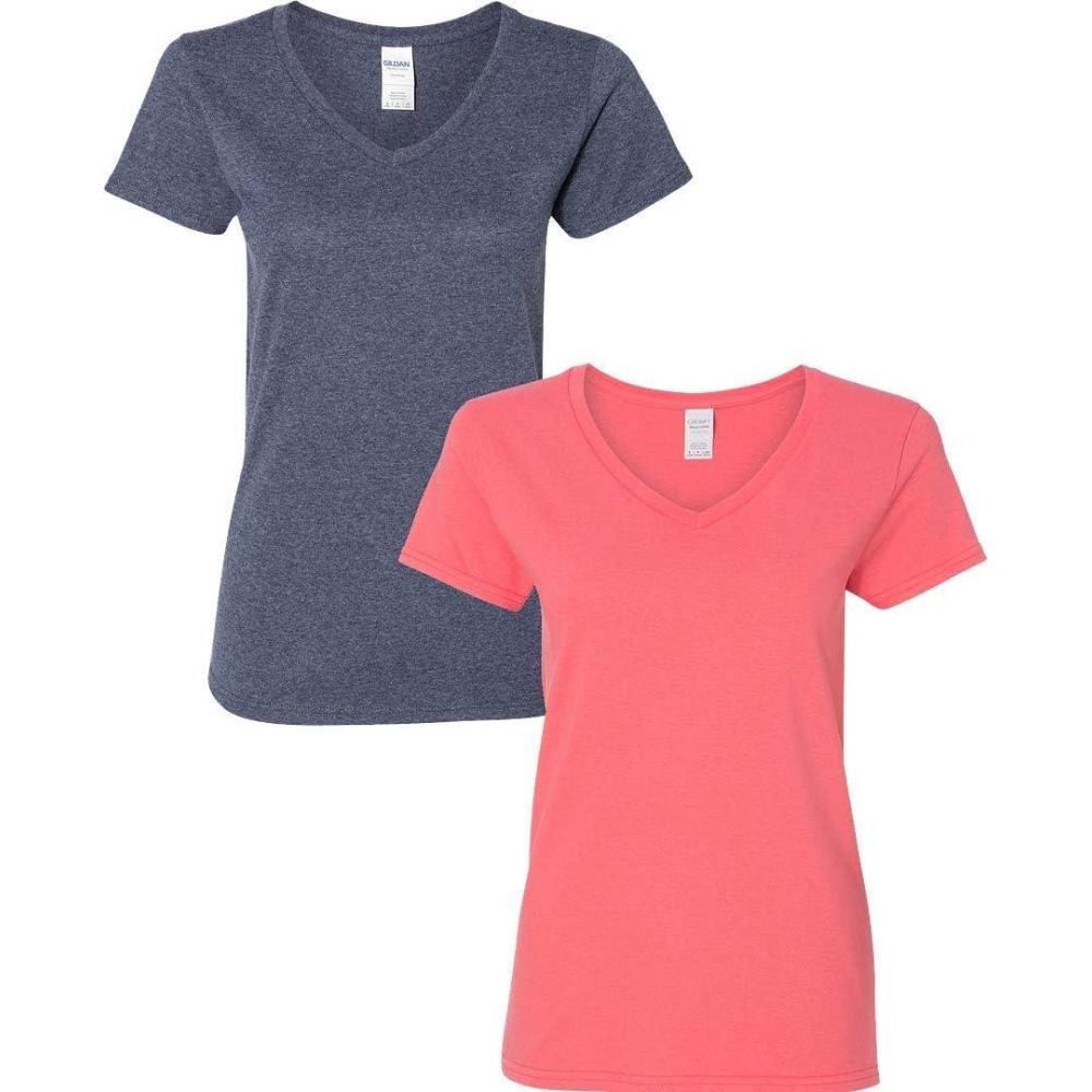 imageGildan Womens Heavy Cotton VNeck TShirt 2Pack1 Heather Navy  1 Coral Silk