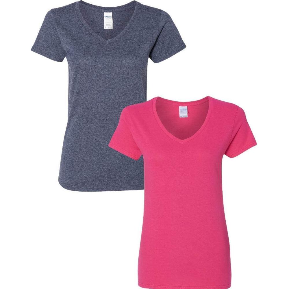imageGildan Womens Heavy Cotton VNeck TShirt 2Pack1 Heather Navy  1 Heliconia