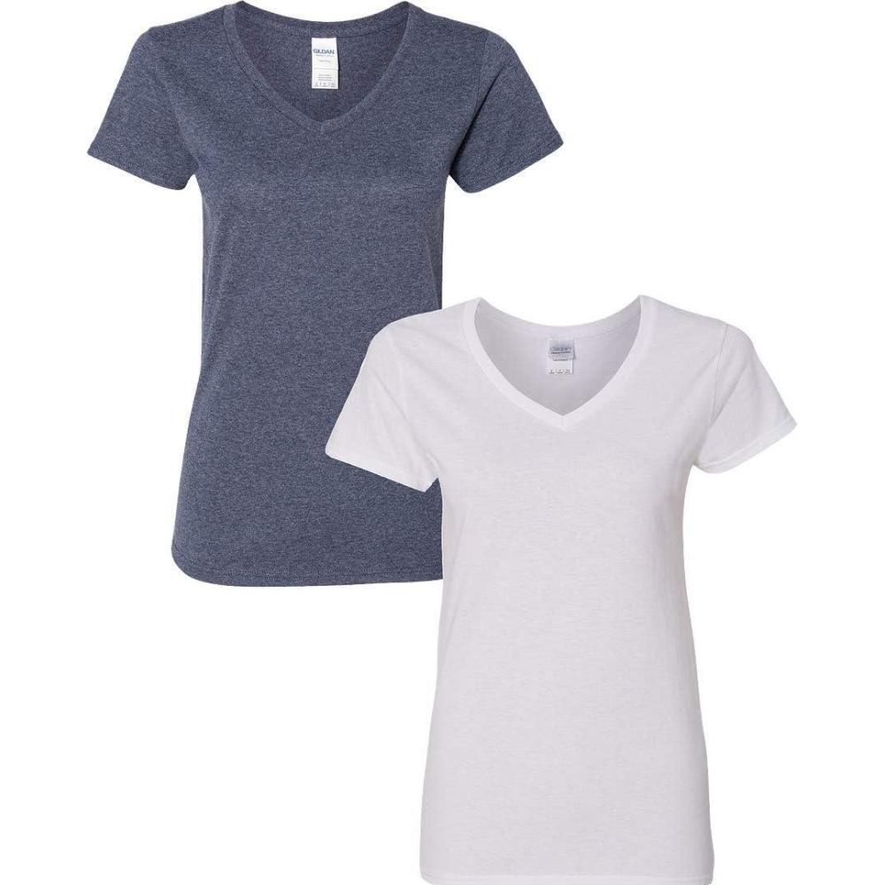 imageGildan Womens Heavy Cotton VNeck TShirt 2Pack1 Heather Navy  1 White