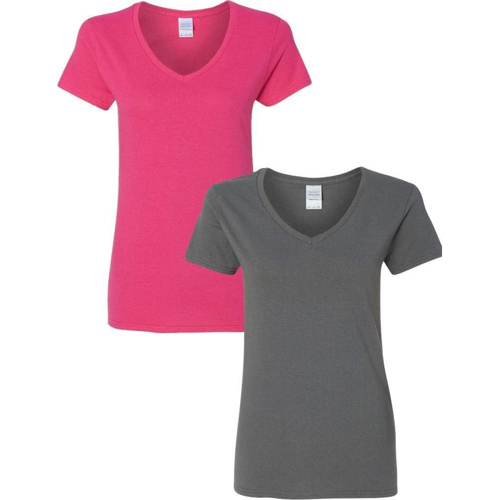 imageGildan Womens Heavy Cotton VNeck TShirt 2Pack1 Heliconia  1 Charcoal
