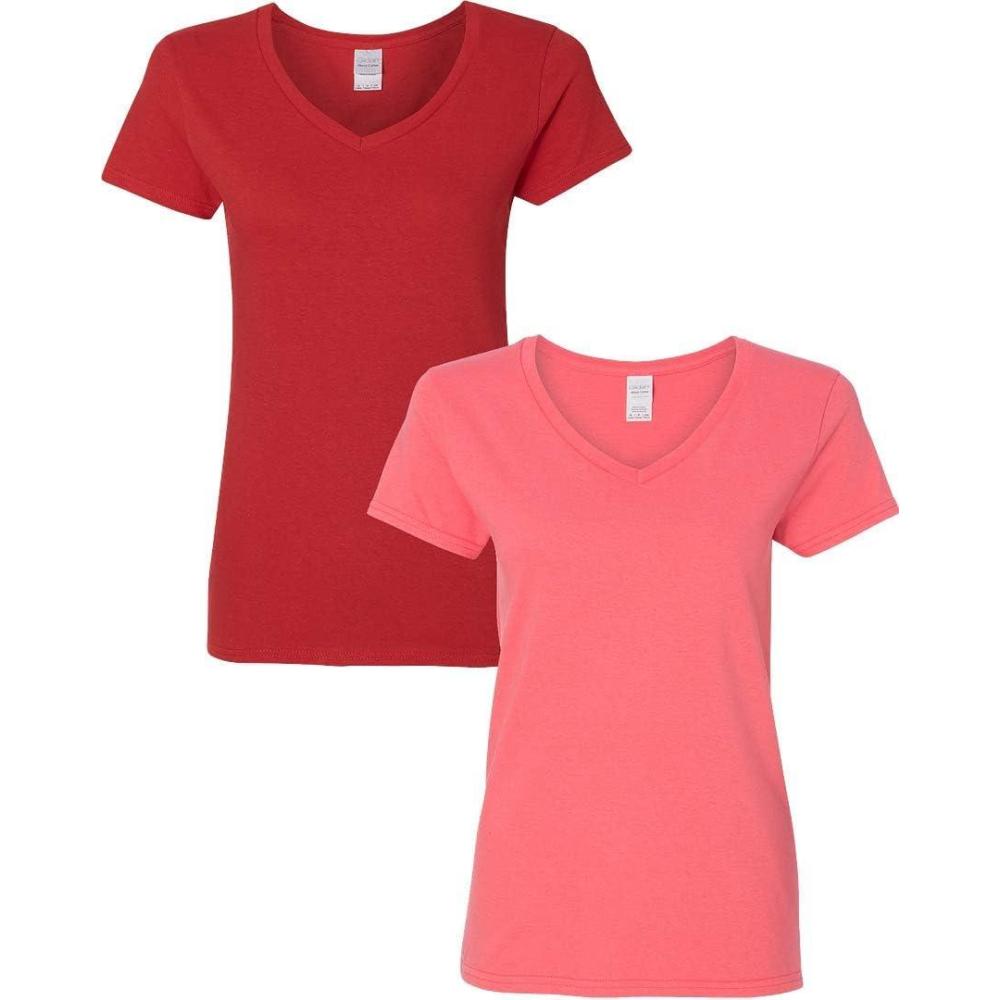 imageGildan Womens Heavy Cotton VNeck TShirt 2Pack1 Red  1 Coral Silk