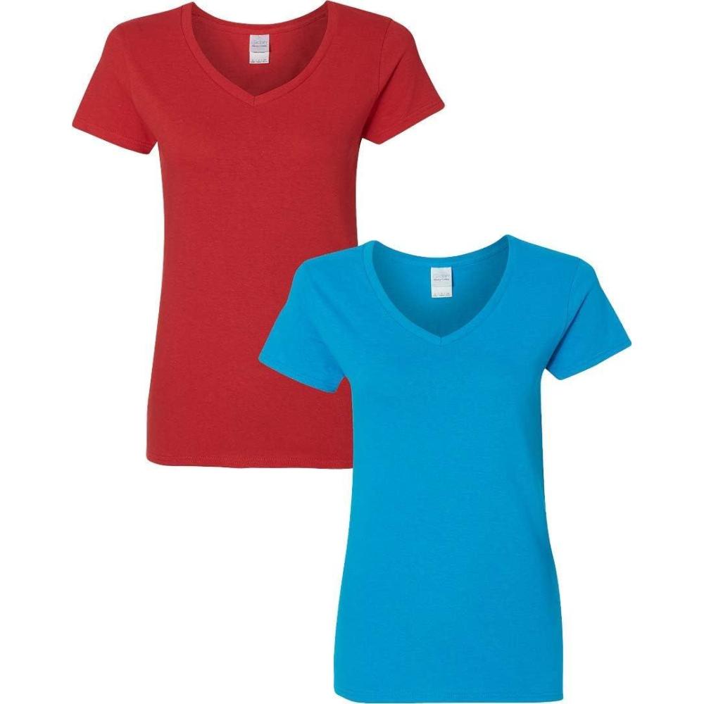 imageGildan Womens Heavy Cotton VNeck TShirt 2Pack1 Red  1 Sapphire
