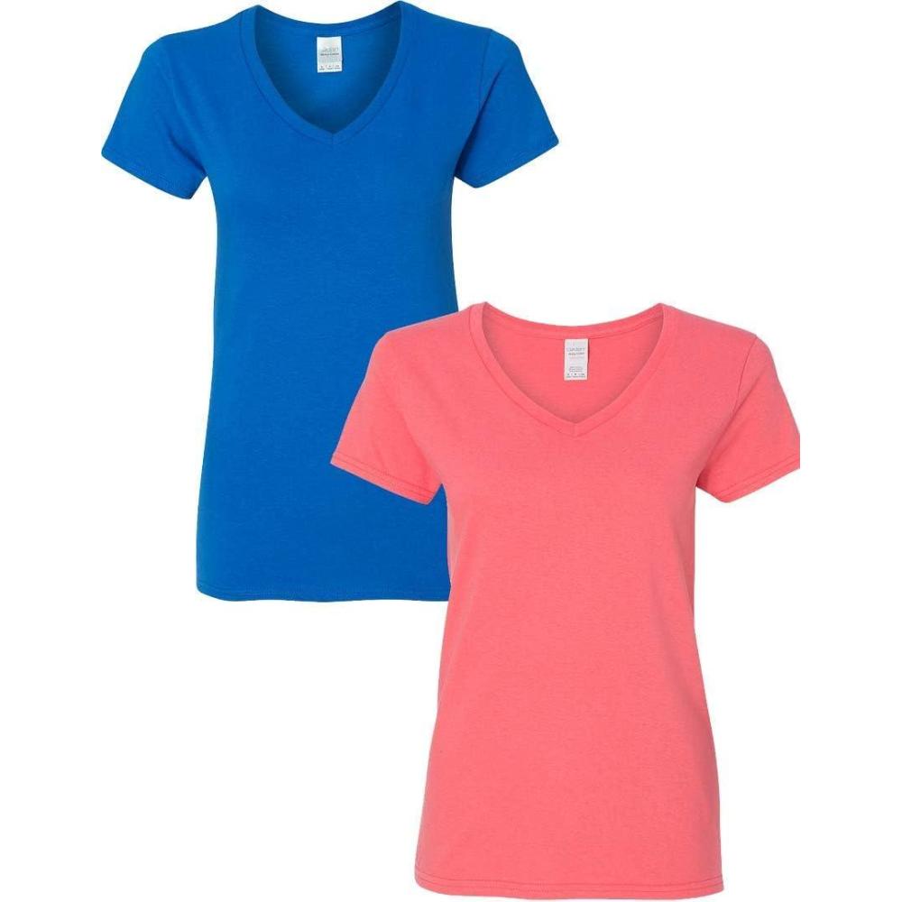 imageGildan Womens Heavy Cotton VNeck TShirt 2Pack1 Royal 1 Coral Silk