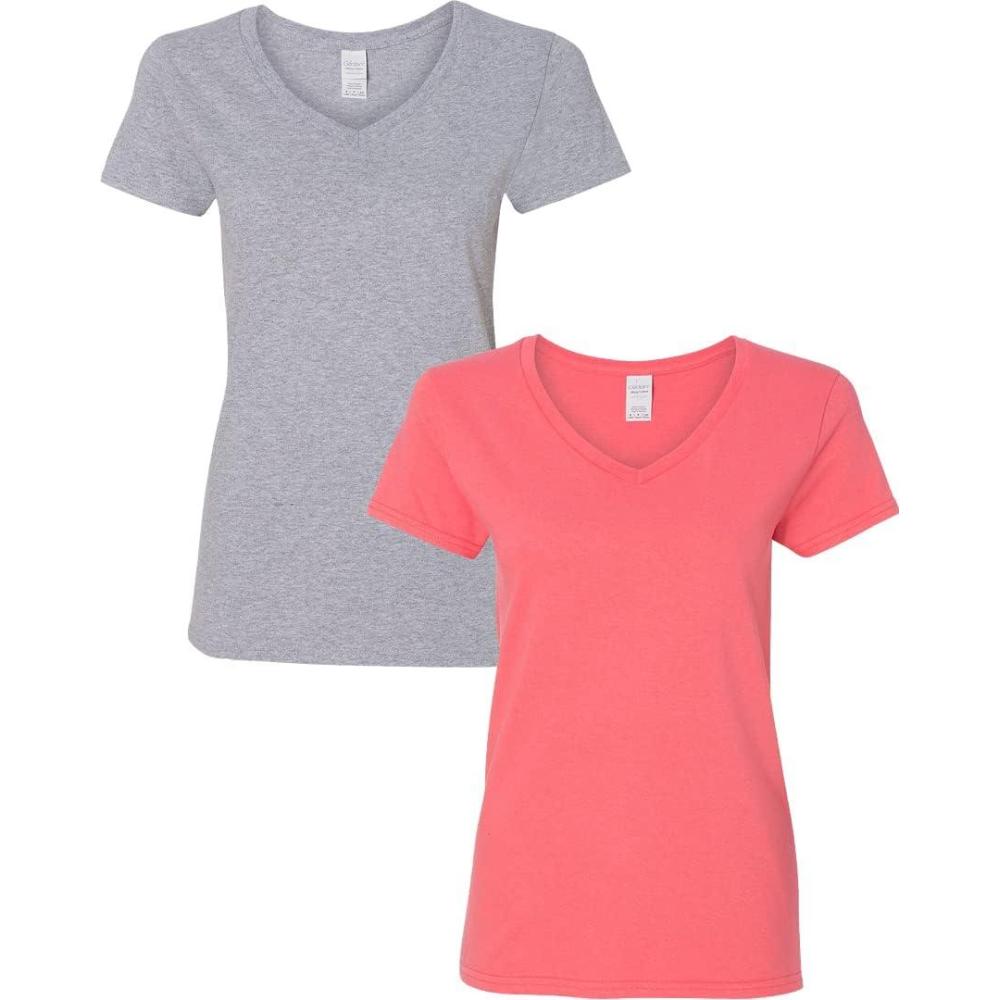 imageGildan Womens Heavy Cotton VNeck TShirt 2Pack1 Sport Grey  1 Coral Silk