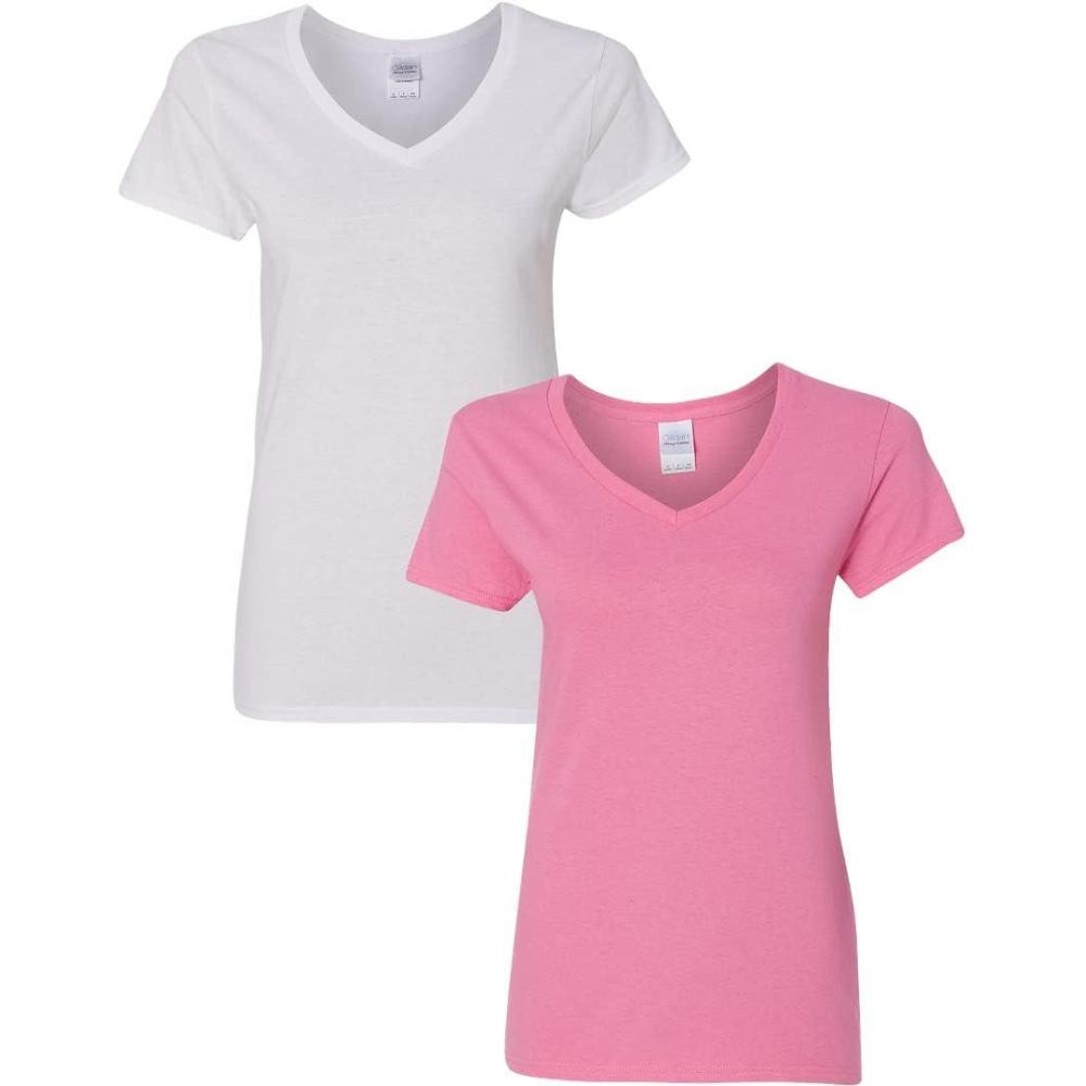 imageGildan Womens Heavy Cotton VNeck TShirt 2Pack1 White  1 Azalea