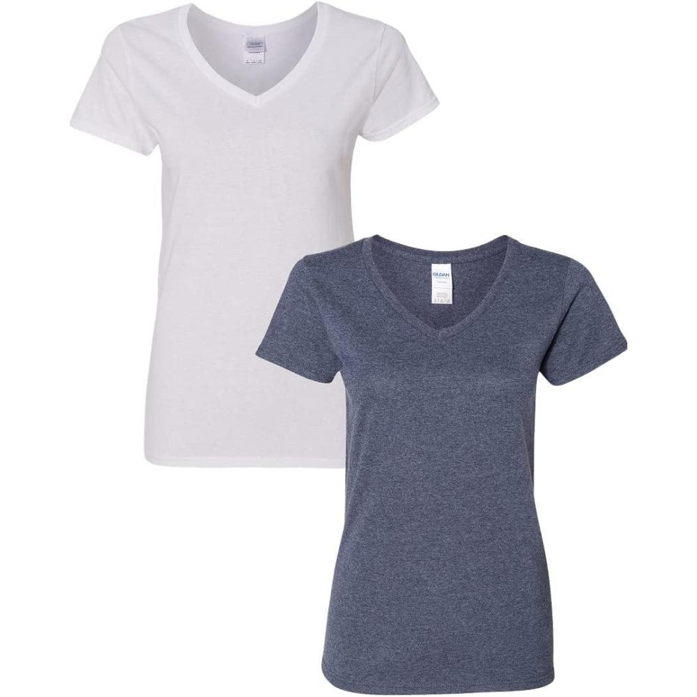 imageGildan Womens Heavy Cotton VNeck TShirt 2Pack1 White  1 Heather Navy