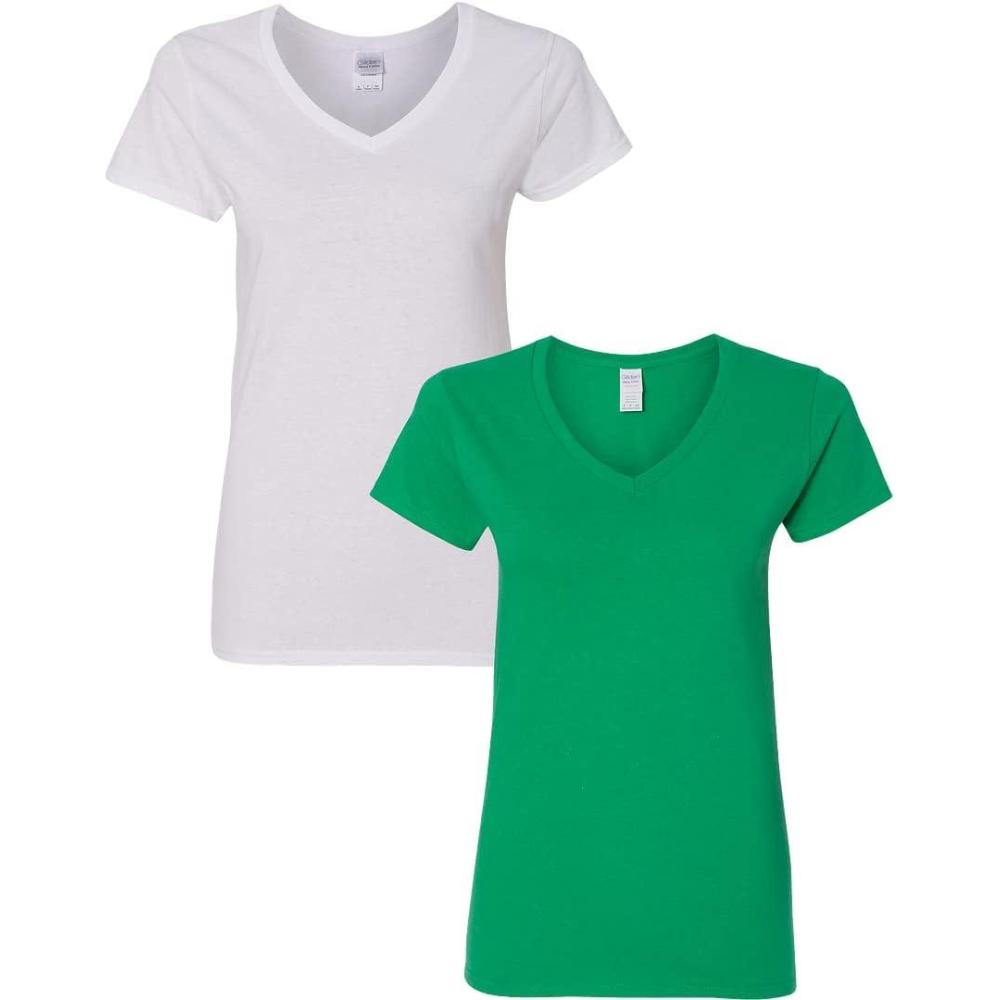 imageGildan Womens Heavy Cotton VNeck TShirt 2Pack1 White  1 Irish Green