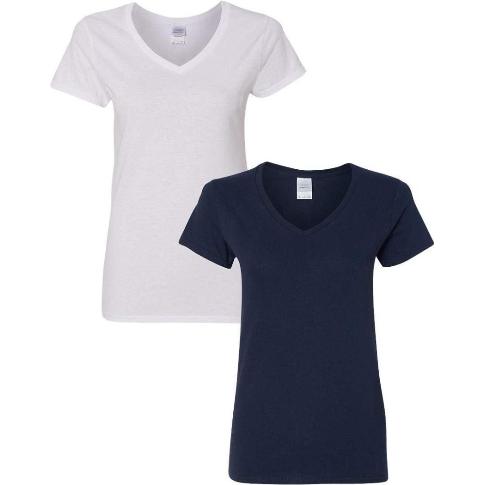 imageGildan Womens Heavy Cotton VNeck TShirt 2Pack1 White  1 Navy