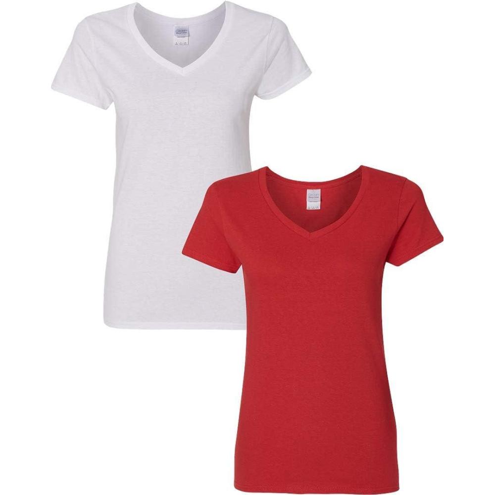 imageGildan Womens Heavy Cotton VNeck TShirt 2Pack1 White  1 Red
