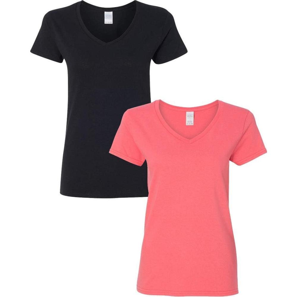 imageGildan Womens Heavy Cotton VNeck TShirt 2PackBlackCoral