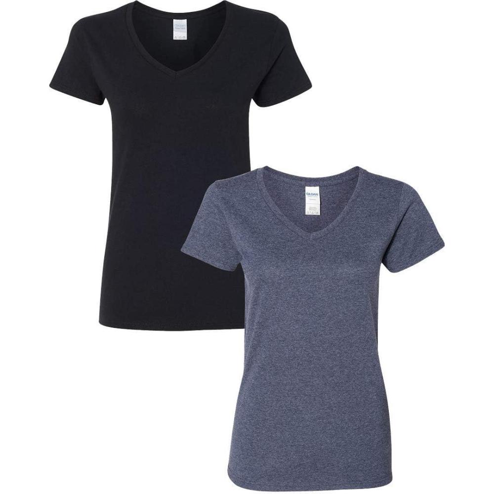imageGildan Womens Heavy Cotton VNeck TShirt 2PackBlackHeathernavy