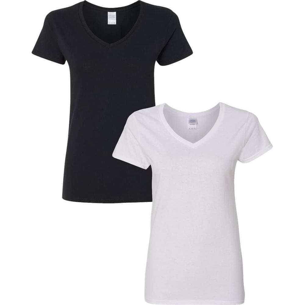 imageGildan Womens Heavy Cotton VNeck TShirt 2PackBlackWhite
