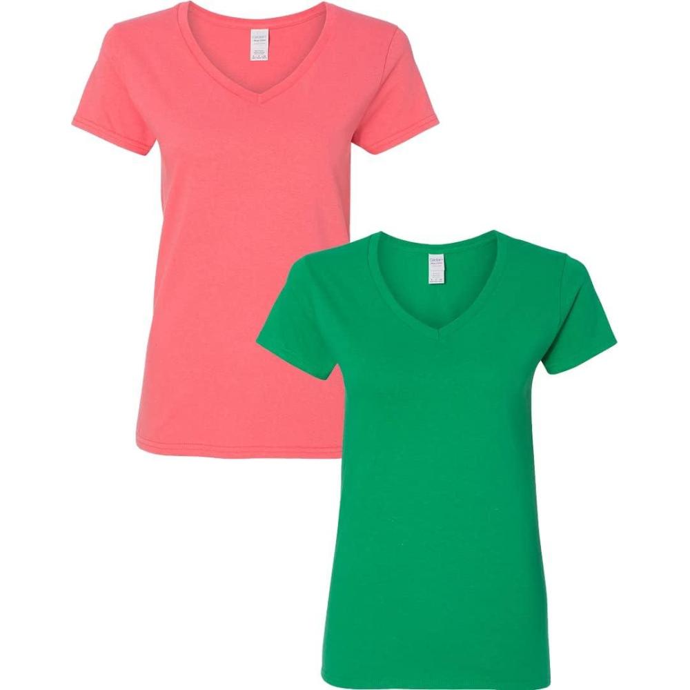 imageGildan Womens Heavy Cotton VNeck TShirt 2PackCoral SilkIrish Green