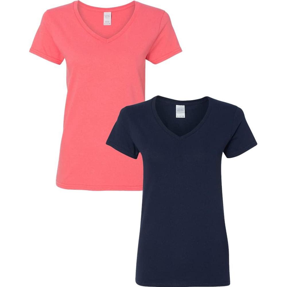 imageGildan Womens Heavy Cotton VNeck TShirt 2PackCoral SilkNavy