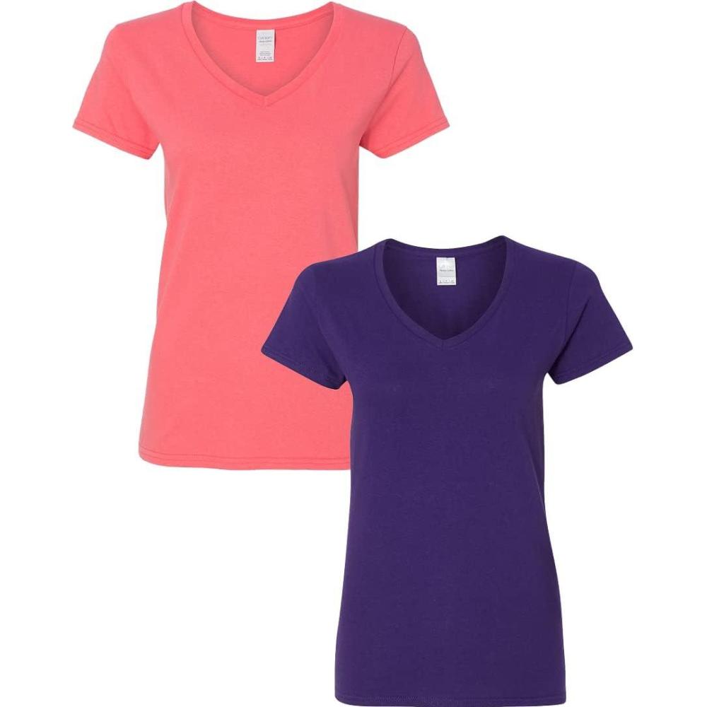 imageGildan Womens Heavy Cotton VNeck TShirt 2PackCoral SilkPurple