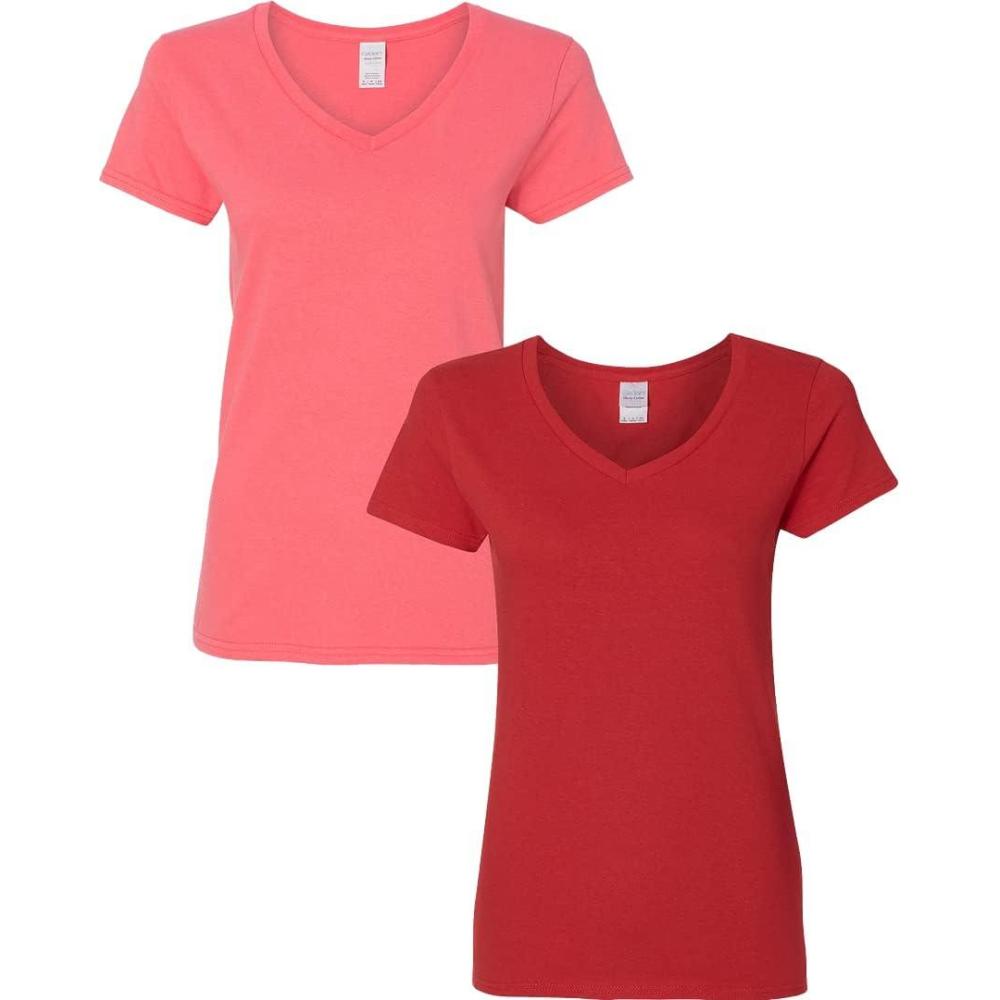 imageGildan Womens Heavy Cotton VNeck TShirt 2PackCoral SilkRed
