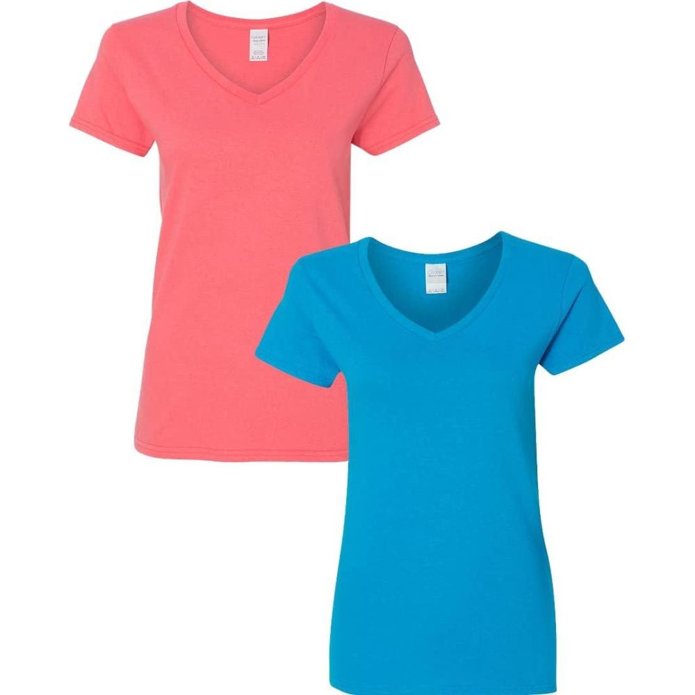 imageGildan Womens Heavy Cotton VNeck TShirt 2PackCoral SilkSapphire