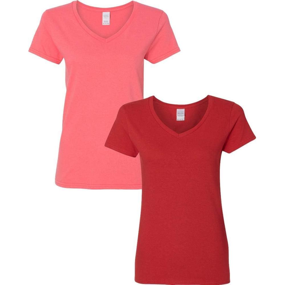 imageGildan Womens Heavy Cotton VNeck TShirt 2PackCoralRed