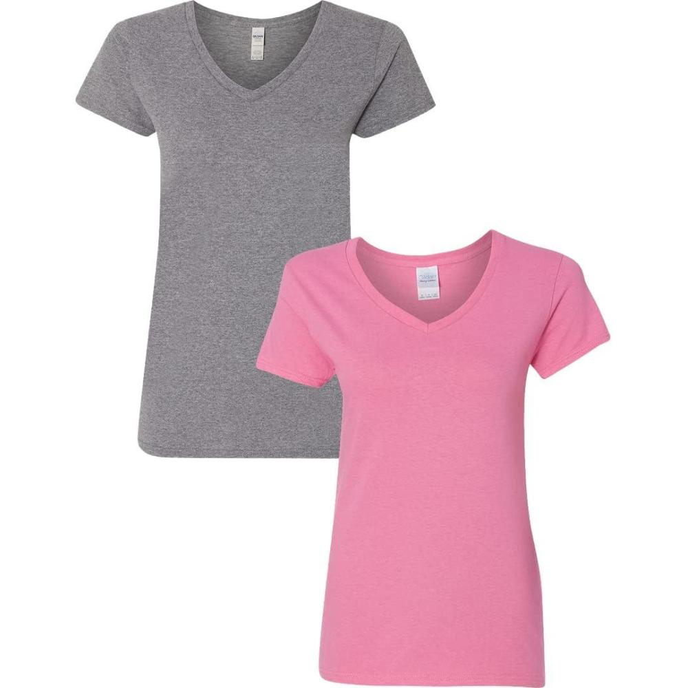 imageGildan Womens Heavy Cotton VNeck TShirt 2PackGraphite HeatherAzalea